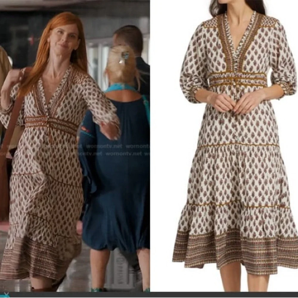 Veronica Beard Alessandra Tiered Floral Cotton Midi Dress in Brown Sz:Medium